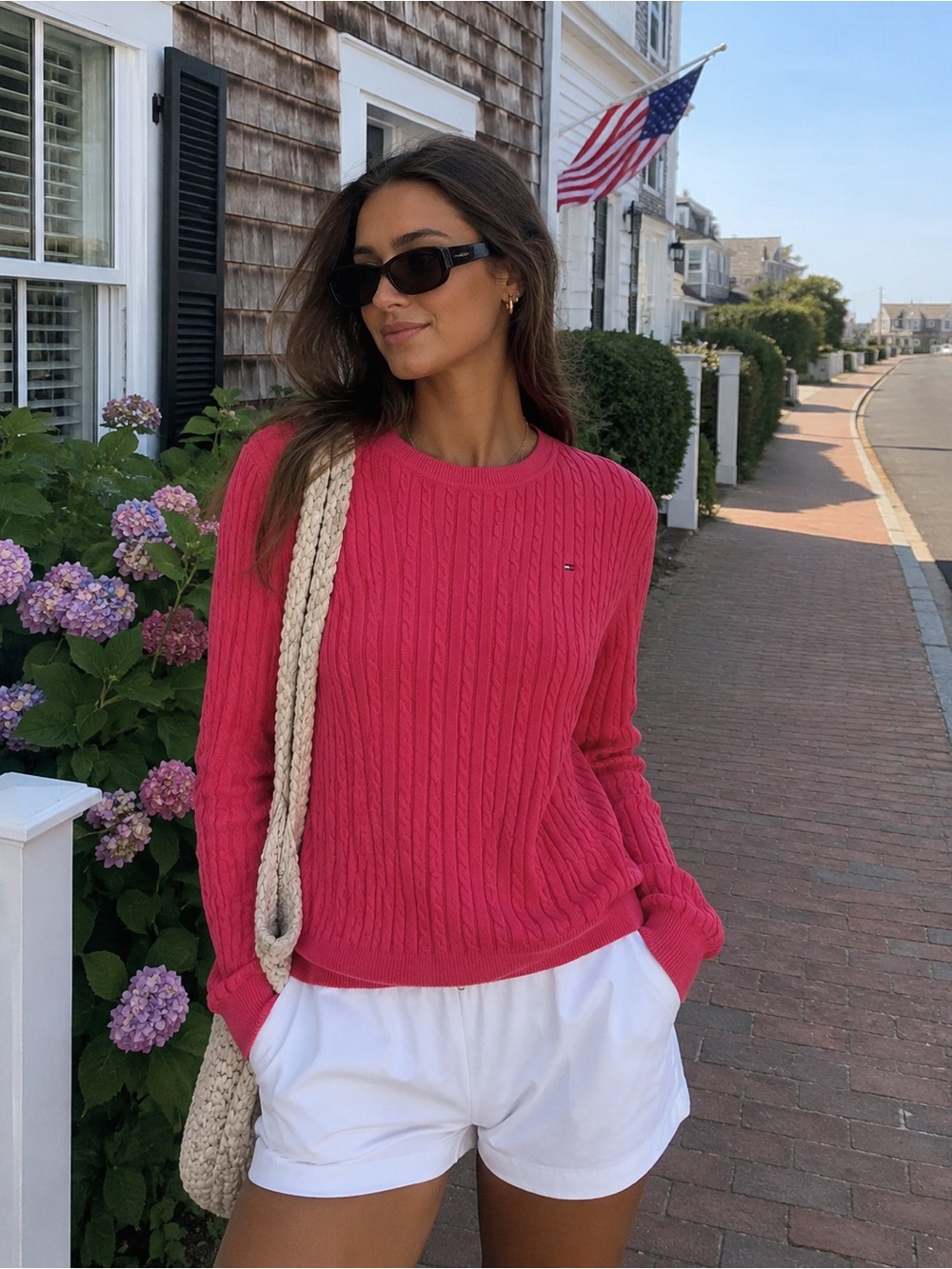Tommy Hilfiger Watermelon Pink Cable Knit Cotton Sweater L | Preppy Old Money